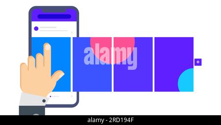 Concept de conception de médias sociaux. Smartphone avec interface carrousel post sur le réseau social. Illustration de Vecteur
