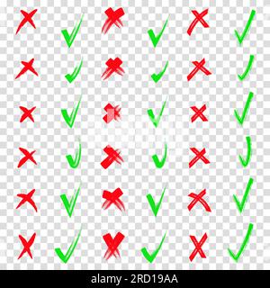 Oui et non Forme rouge et verte. Brossez la collection de coches et de croix dessinées à la main. Griffonner, croquis à la plume. Coches dessinées à la main au crayon a Illustration de Vecteur