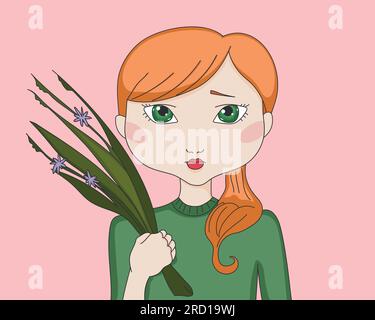 Fille rousse de dessin animé avec des fleurs dans sa main. Illustration vectorielle dessinée à la main Illustration de Vecteur