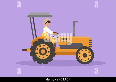 Dessin plat graphique dessinant le tracteur d'entraînement de fermier masculin pour labourer le champ. Commencer une nouvelle période de plantation. Défi agricole réussi à la campagne. Orgue Banque D'Images