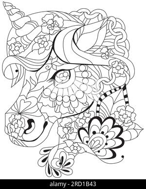 Tête licorne zentangle stylisé pour la coloration. Peut être utilisé pour l'impression sur t-shirt, papier peint ou affiche. Illustration de Vecteur