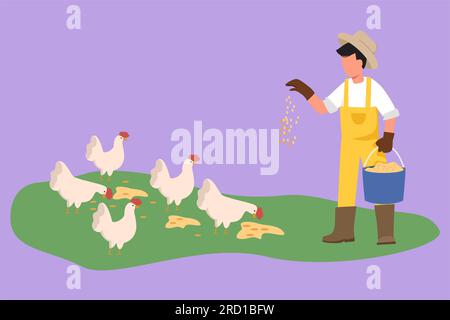 Personnage plat dessin jeune agriculteur mâle tenant un seau de semences et nourrissant des poulets et des poules. L'agriculture rurale. Scène rurale avec travaux agricoles Banque D'Images