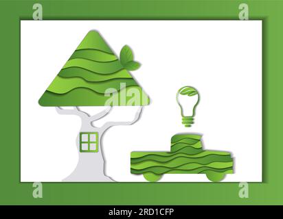 Maison coupée en papier et voiture électrique, feuilles d'arbre vert à l'intérieur, concept de maison verte, maison verte, respectueux de l'environnement, concept de recyclage, maison propre Illustration de Vecteur