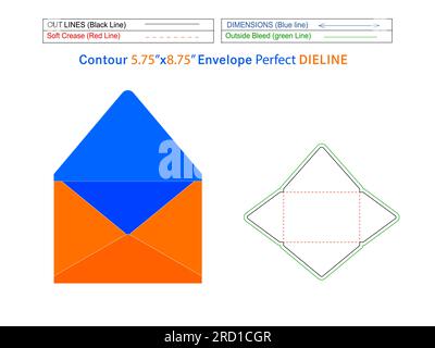 A9 emballage enveloppe à rabat Contour 5.75x8.75 pouces modèle de ligne de découpe et enveloppe 3D modifiable facilement redimensionnable Illustration de Vecteur