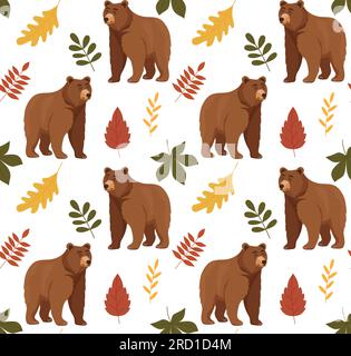 Modèle sans couture avec des ours mignons avec des feuilles d'automne. Fond enfantin dessiné à la main avec des animaux sauvages dans la forêt. Texture sans fin pour enfants pour vêtements, Illustration de Vecteur
