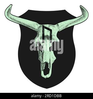 Design pour t-shirt de squelette avec corne sur bouclier noir. Lettre runique appelée Uruz à côté du squelette d'un aurochs à cornes| Illustration de Vecteur