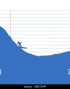 Un surfeur, un homme sur une planche de surf est vu chevauchant une vague qui est faite de papier déchiré et il monte sur le bord déchiré. Il s'agit d'une illustration en 3D. Banque D'Images