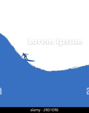 Un surfeur, un homme sur une planche de surf est vu chevauchant une vague qui est faite de papier déchiré et il monte sur le bord déchiré. Il s'agit d'une illustration en 3D. Banque D'Images