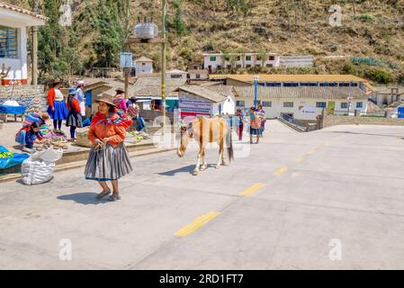 Paucartambo, Pérou - 4 septembre 2011. Une femme péruvienne âgée monte dans une rue pavée tirant un cheval avec une corde, devant un petit marché en plein air. Banque D'Images