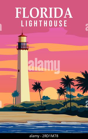 Affiche rétro Key West Lighthouse Florida. Palm, Coast, Ocean Vector Illustration de Vecteur