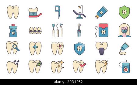 Jeu d'icônes vectorielles liées aux dents. Inclus icônes chaise dentaire, pâte dentifrice, outils dentaires, fil dentaire, caries, brosse à dents, dentifrice, maux de dents, impl Illustration de Vecteur