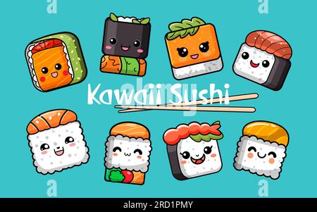 Mignon drôles sushi et personnages de rouleaux dans le style Kawaii. Illustration vectorielle. Illustration de Vecteur