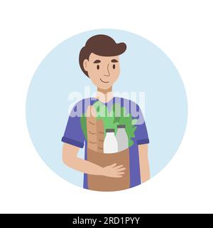 Un jeune personnage masculin mignon sortant d'un supermarché avec des produits alimentaires de ferme dans l'emballage écologique après le temps des achats. Illustration vectorielle plate Illustration de Vecteur