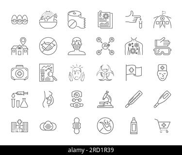 Jeu d'icônes vecteur médical. Icônes de ligne, signe et symboles dans Linear Design. Médecine, soins de santé et pandémie de coronavirus COVID-19. Concepts mobiles et Illustration de Vecteur