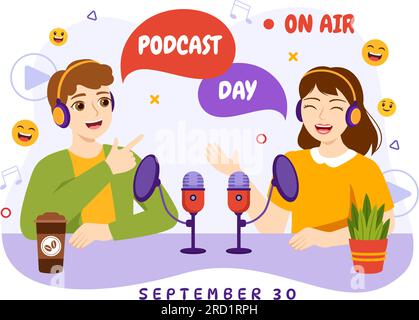 Illustration vectorielle de la Journée internationale des podcasts le 30 septembre avec Broadcasting Studio Tools à Event Livestream dans Cartoon Hand Drawn Templates Illustration de Vecteur