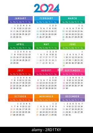 Calendrier 2024 année, la semaine de modèle modifiable commence le dimanche avec les jours fériés aux États-Unis. Modèle de calendrier conception 2024 pour le planificateur d'affaires ou l'horaire. Vecteur Ilu Illustration de Vecteur