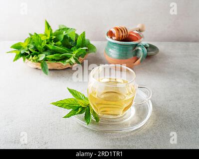Thé à la menthe fraîche avec des feuilles vertes de menthe, mélisse, menthe poivrée. Thé à la menthe avec des feuilles de menthe fraîches et du miel Banque D'Images
