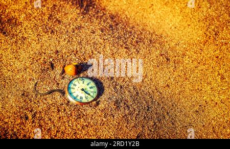 Nature morte - montre de poche pourrie antique et coquille de mer enterrée partiellement dans le sable. Banque D'Images