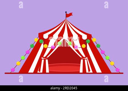 Tente de cirque graphique de dessin plat en forme de triangle avec des rayures et drapeau sur le dessus. Lieu d'exposition pour clowns, magiciens, animaux. Réussite commerciale Banque D'Images