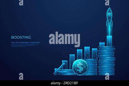 Fusée numérique, pièces de monnaie et graphique. Diagrammes de croissance abstraits Illustration de Vecteur