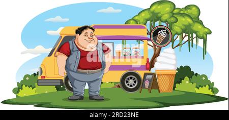 Homme en surpoids devant l'illustration du chariot alimentaire à crème glacée Illustration de Vecteur