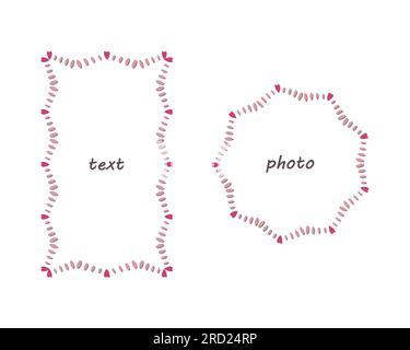 Éléments de coeur, cadres, étiquettes jeu de 2. Pinceau dessiné à la main trait de ligne doodle, palette de couleurs rose. Rectangle, forme géométrique de cercle. Cadre vide Illustration de Vecteur