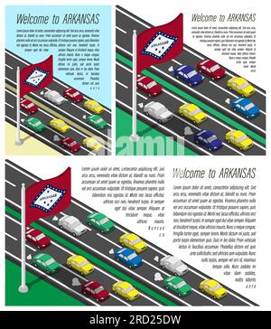 Drapeau isométrique de l'état américain de l'Arkansas sur mât battant dans le vent. Traversée de la frontière de l'Arkansas en voiture. Ensemble d'informations horizontal, squa Illustration de Vecteur