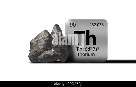 Eléments de thorium sur tableau périodique métallique avec thorium métamictique noir grisâtre sur fond blanc. Icône de rendu 3D et illustration. Banque D'Images