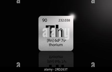 Éléments de thorium sur un tableau périodique métallique sur fond sombre. Illustration de l'icône. Banque D'Images