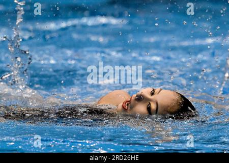 Fukuoka, Japon. 18 juillet 2023. MOE Higa du Japon, Mashiro Yasunaga du Japon concourent dans le Duet Free Preliminary lors des 20e Championnats du monde de natation au Marine Messe Hall A à Fukuoka (Japon), le 18 juillet 2023. Crédit : Insidefoto di andrea staccioli/Alamy Live News Banque D'Images