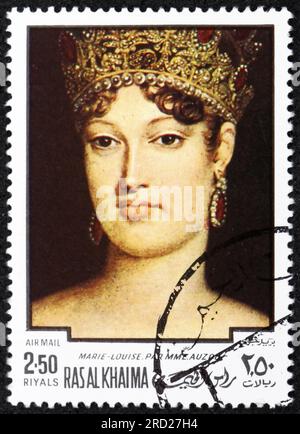 Ras AL-KHAÏMAH - VERS 1970 : un timbre imprimé à Ras al-Khaïmah montre Marie-Louise, 2ème épouse de Napoléon Ier, impératrice des Français, vers 1970 Banque D'Images