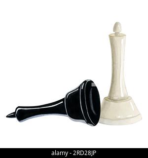 Illustration d'aquarelle de pièces d'échecs checkmated roi noir et reine blanche pour les conceptions de jeux de société intellectuelle Banque D'Images