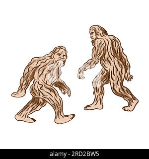 Illustration dessinée à la main du monstre de créature yéti bigfoot sasquatch. Beige brun fourrure sauvage fourrure poilu caractère mythique, isolé sur blanc. Forte nature animale marchant Banque D'Images