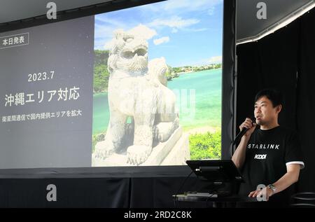 Tokyo, Japon. 18 juillet 2023. Hiromichi Matsuda, le directeur général de la société japonaise de télécommunications KDDI, annonce le nouveau service du service de communication par satellite Starlink de Space X à Tokyo le mardi 18 juillet 2023. KDDI a commencé à fournir le service Internet par satellite Starlink au Japon à partir d'octobre dernier et s'étend au service Internet par satellite maritime et au service dans l'île sud du Japon d'Okinawa à partir de ce mois-ci. (Photo de Yoshio Tsunoda/AFLO) crédit : AFLO Co. Ltd./Alamy Live News Banque D'Images