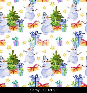 Aquarelle modèle sans couture de thème de noël avec un arbre de Noël, cadeaux bonhommes de neige et étoiles, illustration d'hiver, croquis dessiné à la main isolé sur whit Banque D'Images