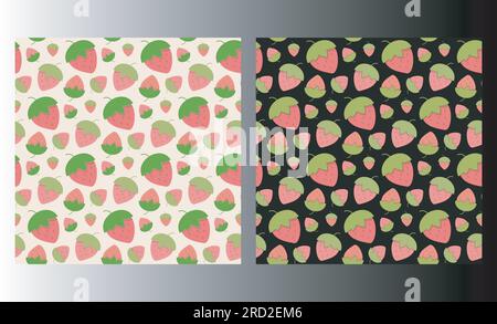 Ensemble de 2 mises en page de motifs sans couture pour enfants à la fraise. Dessin animé dessiné à la main pour bébé. Illustration vectorielle mignonne. Blanc ou noir Illustration de Vecteur