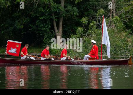 Windsor, Berkshire, Royaume-Uni. 18 juillet 2023. Les cygnes étaient en train de ramer le long de la Tamise à Windsor, Berkshire, ce matin. Swan Upping est le recensement annuel britannique traditionnel des cygnes et cygnets sur la Tamise par les Royal Swan Uppers (photo) et les Swan Uppers des compagnies de livrée des Vintners et des Dyers. Le recensement a lieu sur 79 miles le long de la Tamise. Tous les cygnets et leurs parents sont capturés par les cygnes, vérifiés, annelés et retournés à la rivière. Crédit : Maureen McLean/Alamy Live News Banque D'Images