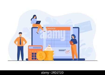 Des personnes minuscules préparent la facture sur ordinateur Illustration de Vecteur