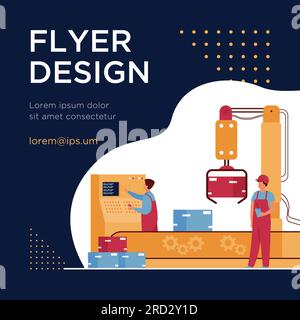 Les travailleurs d'usine et le bras robotisé retirent les emballages du convoyeur Illustration de Vecteur