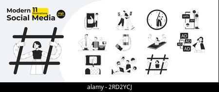 Problèmes de médias sociaux BW concept Vector SPOT illustrations bundle Illustration de Vecteur