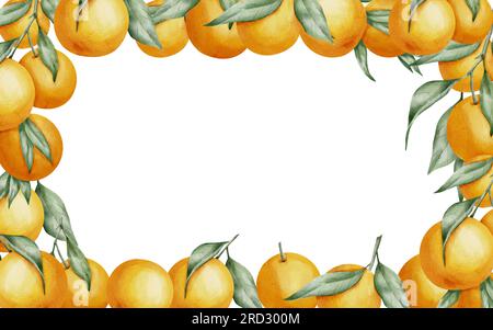 Cadre rectangulaire fruits orange. Illustration à l'aquarelle dessinée à la main de Border avec des branches d'agrumes sur fond isolé blanc. Dessin avec mandarines et clémentine pour la conception d'étiquettes alimentaires ou de cartes. Banque D'Images