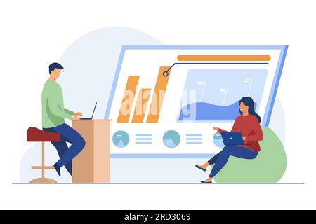 Homme et femme discutant des statistiques sur les bénéfices Illustration de Vecteur