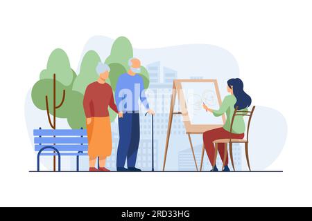 Jeune femme en train de dessiner le portrait d'un couple âgé sur un chevalet Illustration de Vecteur