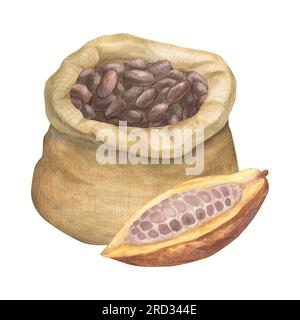 Illustration à l'aquarelle d'un sac en toile pour céréales, graines, farine, poudre avec des graines de cacao avec des fruits de cacao coupés. Illustration isolée dessinée à la main Banque D'Images