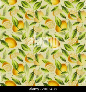 Motif aquarelle sans couture avec citron mûr frais et feuilles et fleurs vert vif. Des tranches d'agrumes coupées dessinées à la main et peintes sur fond blanc. Pour Banque D'Images