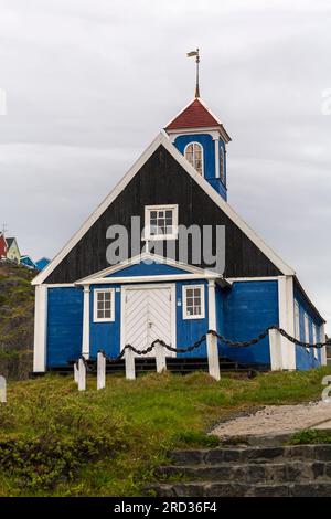 Bethal Church 1775 ancienne église dans le Musée de Sisimiut à Sisimiut, Groenland un jour de pluie humide en juillet Banque D'Images