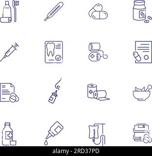 Ensemble d'icônes de ligne de soins de santé. Injection, nettoyage des dents Illustration de Vecteur