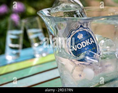 Vodka bottle on ice in crystal drinks cooler with two poured glasses behind in late summer sun on alfresco floral garden terrace table Stock Photo