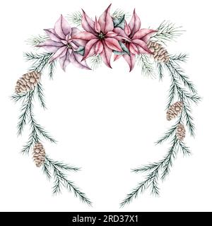 Couronne de Noël de fleur de poinsettia rouge et branche d'épinette émeraude, pomme de pin, arbre à feuilles persistantes, sapin, cèdre. Cadre de fleurs botaniques d'hiver. Main Banque D'Images