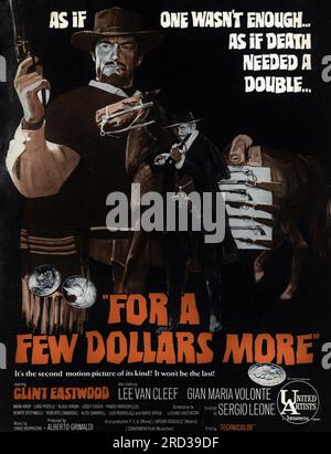 Annonce commerciale britannique de 1967 pour CLINT EASTWOOD et LEE VAN CLEEF POUR QUELQUES DOLLARS DE PLUS / PER QUALCHE DOLLARO IN PIU 1965 réalisateur SERGIO LEONE musique Ennio Morricone Produzioni Europee Associate (PEA) / Arturo Gonzalez Producciones Cinematograficas / Constantin film / United Artists Banque D'Images